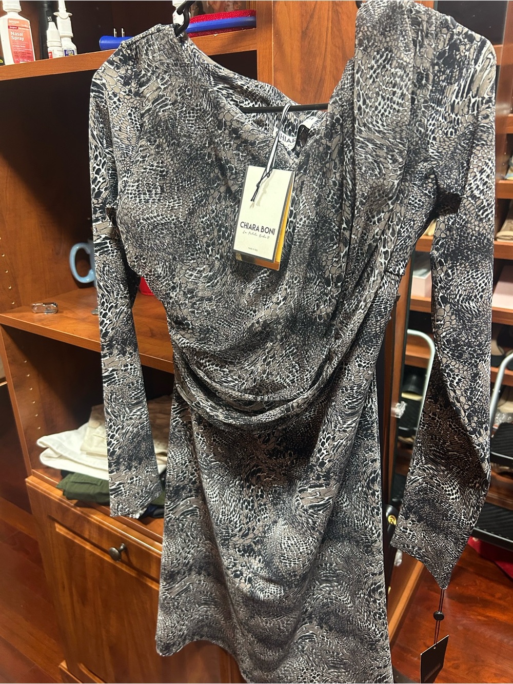 Chiara Boni Black & Gray Animal-Print Draped Long-Sleeve Dress